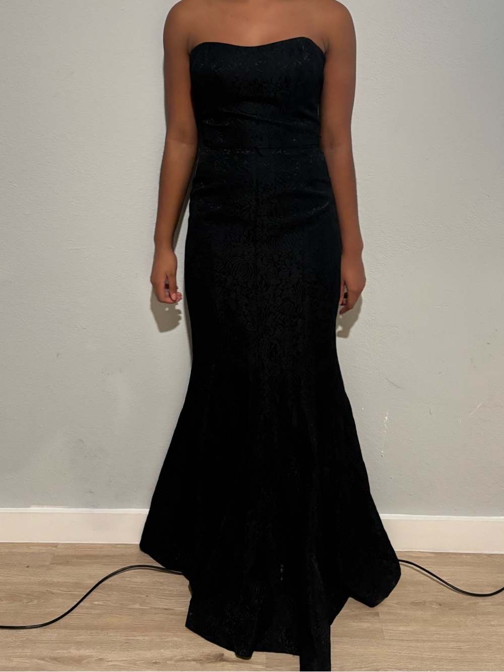 David Meister Strapless Black Lace Trumpet Gown